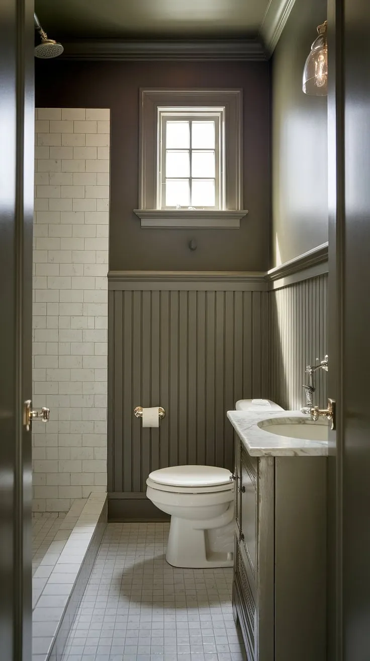 Efficient and elegant, this small bathroom with shower showcases how wainscoting can elevate a downstairs toilet. The design of this small toilet room proves that even the smallest powder room can be both beautiful and practical, making the most of limited space.
