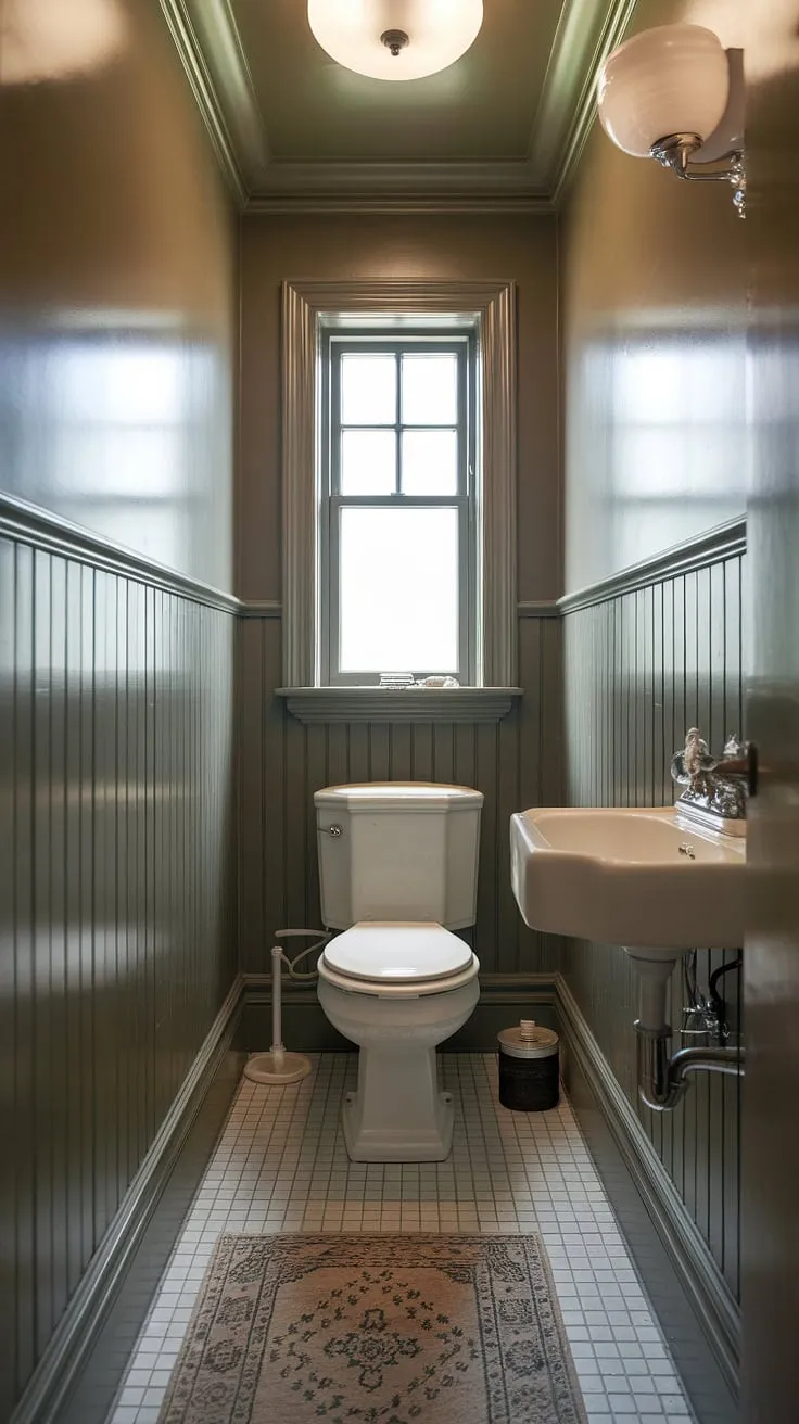 Classic elegance in a compact space: this wainscoting powder room proves that even small half bathrooms can be stylish and functional. A downstairs loo with undeniable charm.