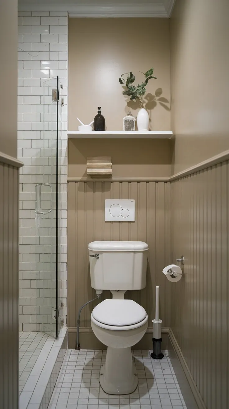 Maximize charm, not space! This small bathroom with shower showcases how wainscoting transforms a small toilet room into a sophisticated downstairs toilet. Perfect for small half bathrooms.