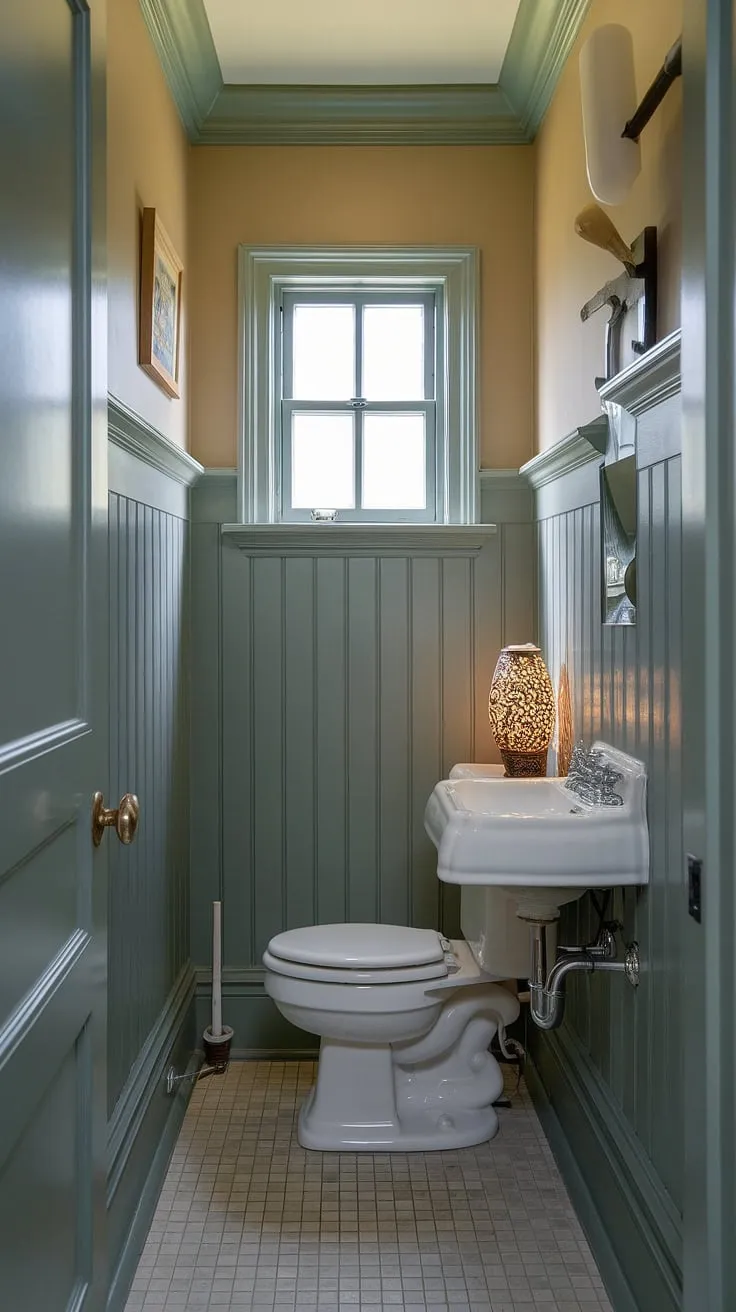 This small toilet room, a delightful downstairs toilet, showcases how wainscoting can transform a small bathroom with shower (though this one lacks a shower). The clever use of light and the decorative lamp brightens this compact powder room, making it feel far larger than its actual size.