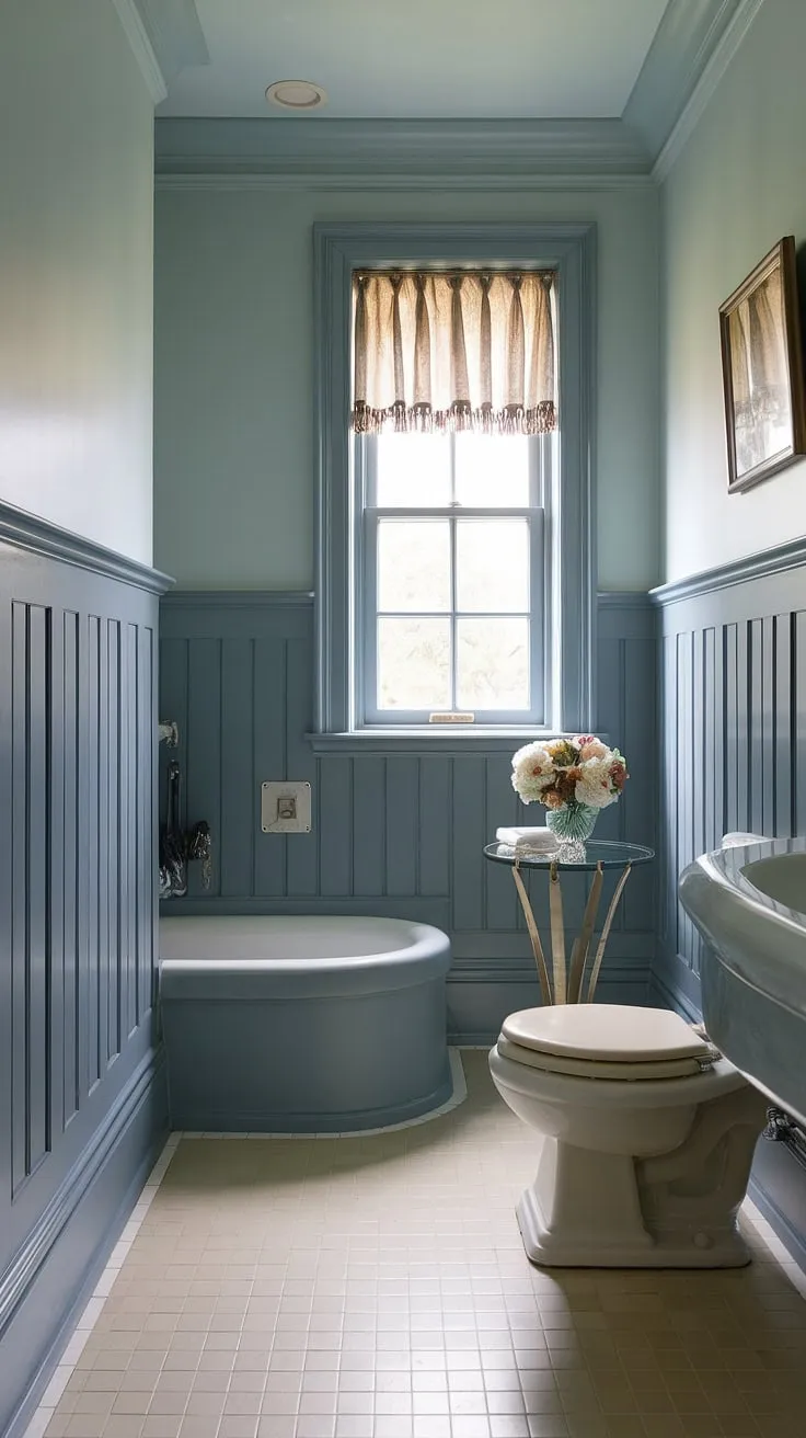 Serenity reigns in this charming powder room, where pale blue walls and crisp white wainscoting create a tranquil atmosphere. The small half bathroom features a petite bathtub, a compact toilet, and a window dressed with a delicate curtain, making the most of the space. This downstairs loo, or downstairs toilet, is a perfect example of how to maximize style and functionality in even the smallest toilet room.