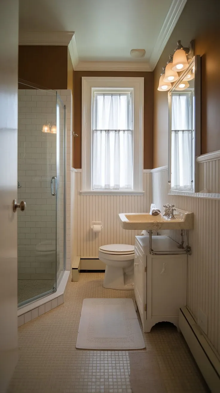 This compact downstairs toilet boasts elegant wainscoting, transforming this small toilet room into a surprisingly spacious small bathroom with shower. The beige color palette and white accents create a serene ambiance in this small half bathrooms, perfect for a quick refresh. Note the thoughtful addition of a white rug and towel bar, enhancing both style and practicality in this efficiently designed powder room.