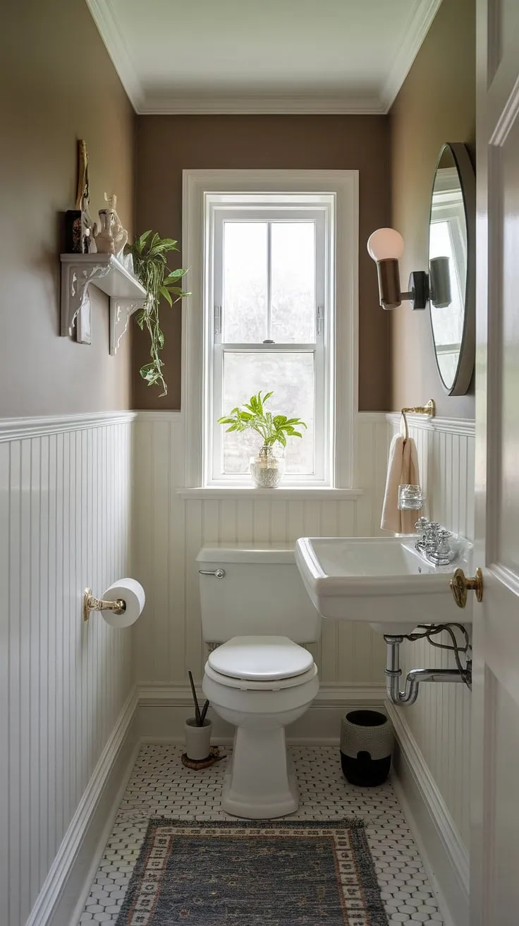 Maximize space and style in this petite powder room. The white wainscoting adds a touch of elegance to this small bathroom with shower (though a shower isn't pictured). This small toilet room, ideal as a downstairs loo, showcases how even the smallest half bathrooms can be both beautiful and practical. A simple rug and a few decorative touches complete the look.
