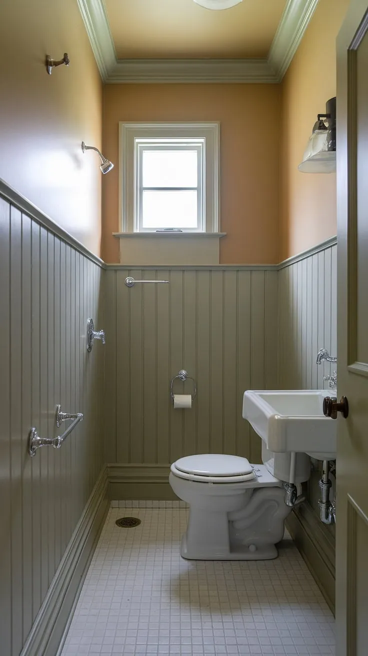 Classic elegance meets modern function in this wainscoting powder room. A perfect example of how to maximize style and space in small half bathrooms, this downstairs loo proves that even small toilet rooms can be luxurious.