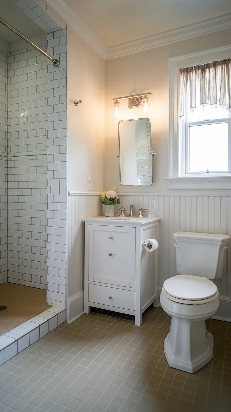 Maximize space and style in your small toilet room. This downstairs toilet boasts wainscoting powder room details, transforming a small bathroom with shower into a sophisticated retreat.
