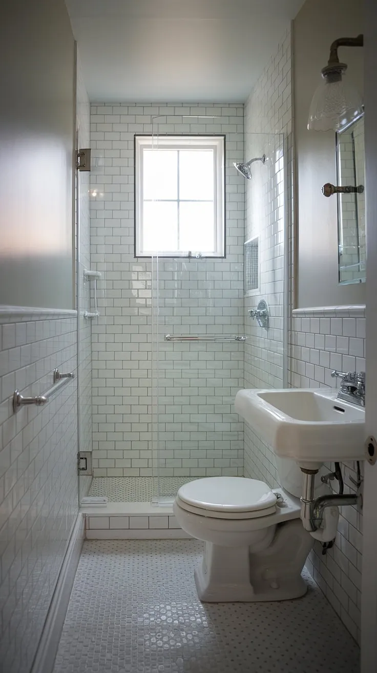 This charming small bathroom with shower, a perfect downstairs loo or powder room, boasts white tiled walls and floors, complemented by elegant wainscoting. The compact design maximizes space in this small half bathroom, making it a functional and stylish downstairs toilet.