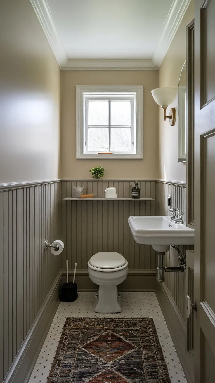 This charming downstairs loo, a perfect example of a small half bathroom, maximizes space with elegant wainscoting. The beige walls and white ceiling create a bright and airy feel in this tiny powder room, while the small shelf above the toilet adds practical storage. Note that this small toilet room does not include a shower.