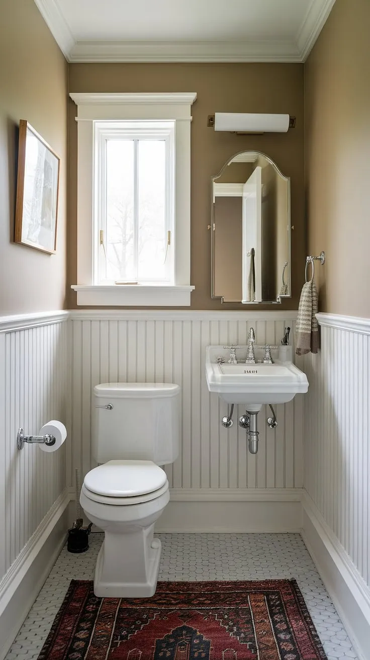 Elegant wainscoting elevates this small powder room, proving that even downstairs loos and small half bathrooms can be stylish.