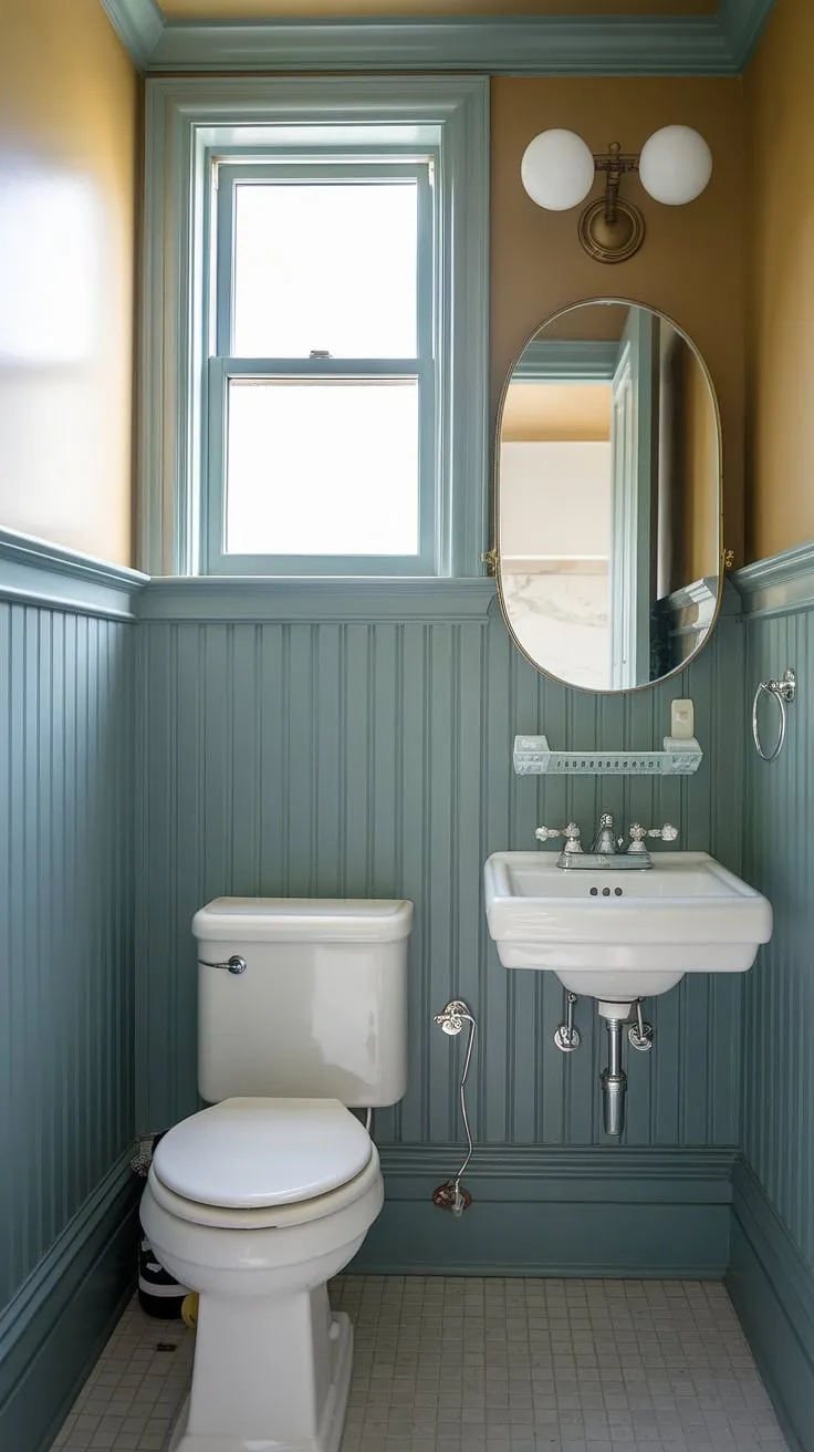 This charming powder room, a perfect example of a small half bathroom, maximizes space with elegant wainscoting. The downstairs loo boasts a tiled floor, a compact sink with mirror, and a high window for natural light. Ideal for a small toilet room or downstairs toilet.