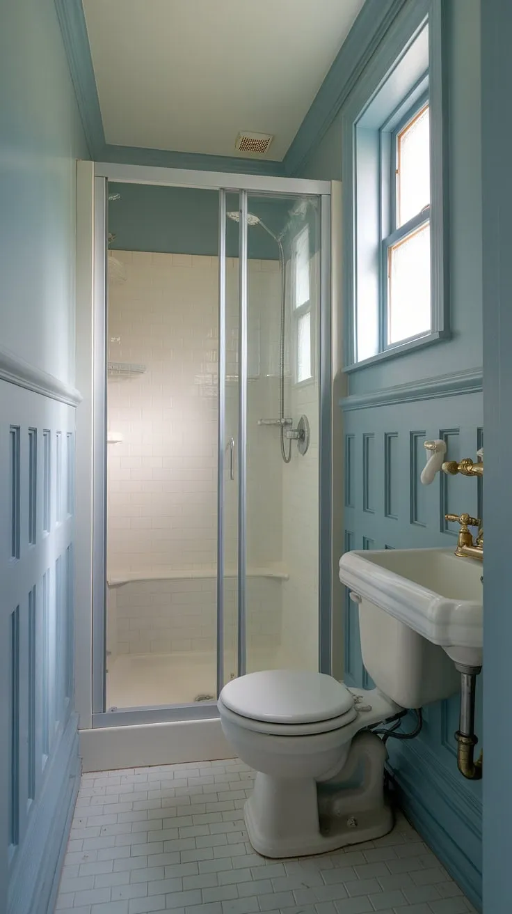 This charming powder room, a delightful example of small half bathrooms, boasts a serene powder blue palette and crisp white fixtures. The small bathroom with shower features elegant wainscoting, a glass-enclosed shower, and a space-saving toilet, making the most of this downstairs loo. The small toilet room's blue and white tiled floor complements the overall design, creating a surprisingly spacious feel in this downstairs toilet.