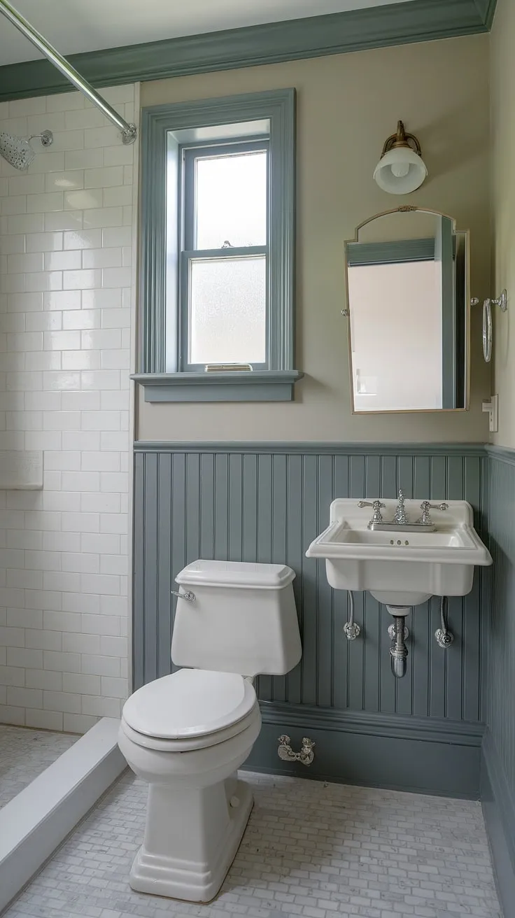 Maximize space and style in your small bathroom with shower. This downstairs toilet, a perfect example of a small toilet room, showcases the beauty of wainscoting in a delightful downstairs loo.