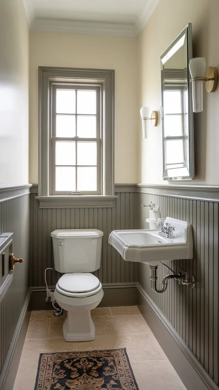 This small bathroom with shower (though shower not shown) showcases how wainscoting transforms a small toilet room into a luxurious downstairs loo. The perfect solution for stylish small half bathrooms.