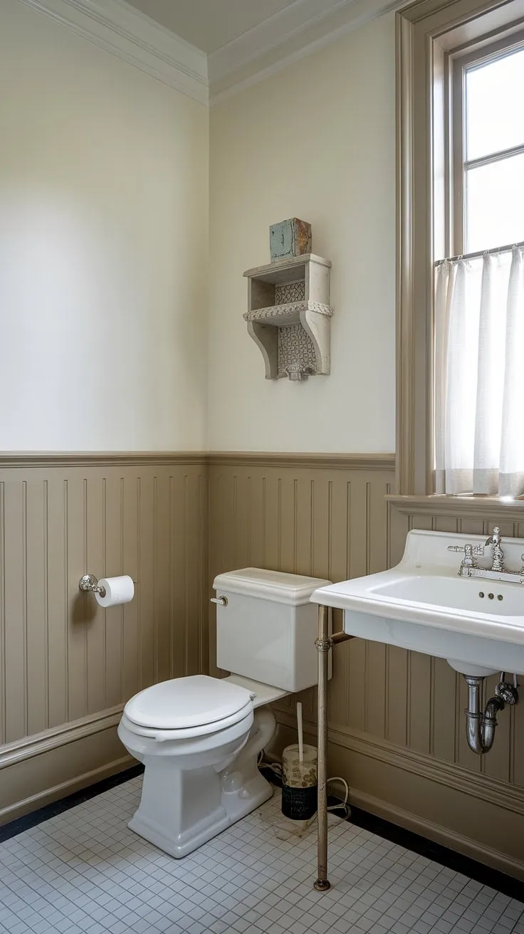 This small bathroom with shower (shower not pictured) is a testament to how wainscoting can transform a small toilet room. The result? A stunning and functional downstairs loo or downstairs toilet, perfect for even the smallest of homes.