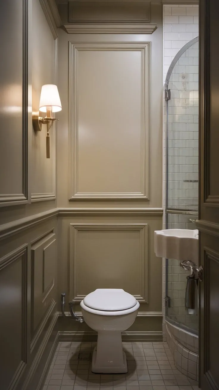 Maximize space and style in your small toilet room with the timeless appeal of wainscoting. This downstairs toilet showcases how a small bathroom with shower can be both beautiful and practical.