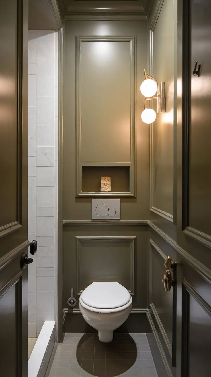 Maximize style in minimal space. This charming wainscoting powder room, a perfect downstairs toilet, showcases how even small toilet rooms and small bathroom with shower designs can be both functional and beautiful.