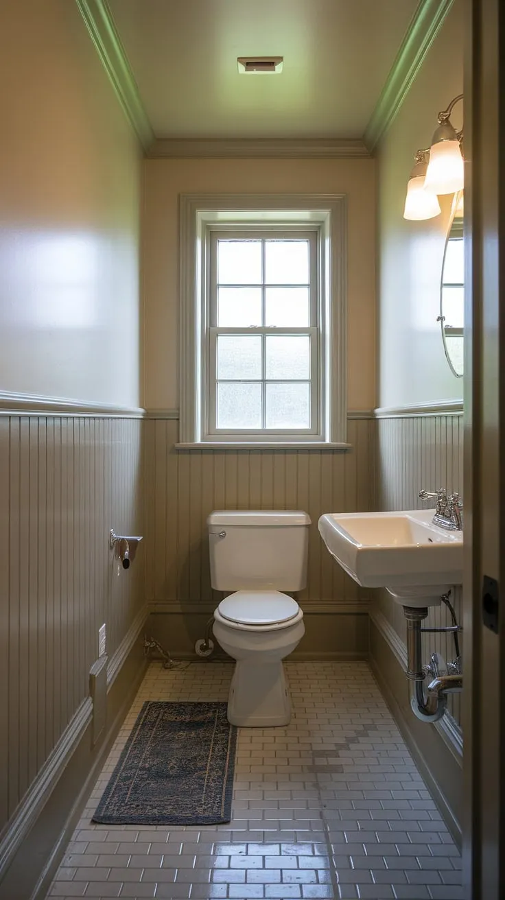 Maximize space and style in your small toilet room. This downstairs loo showcases how wainscoting elevates even the smallest half bathrooms, a delightful addition to any home, even without a shower.