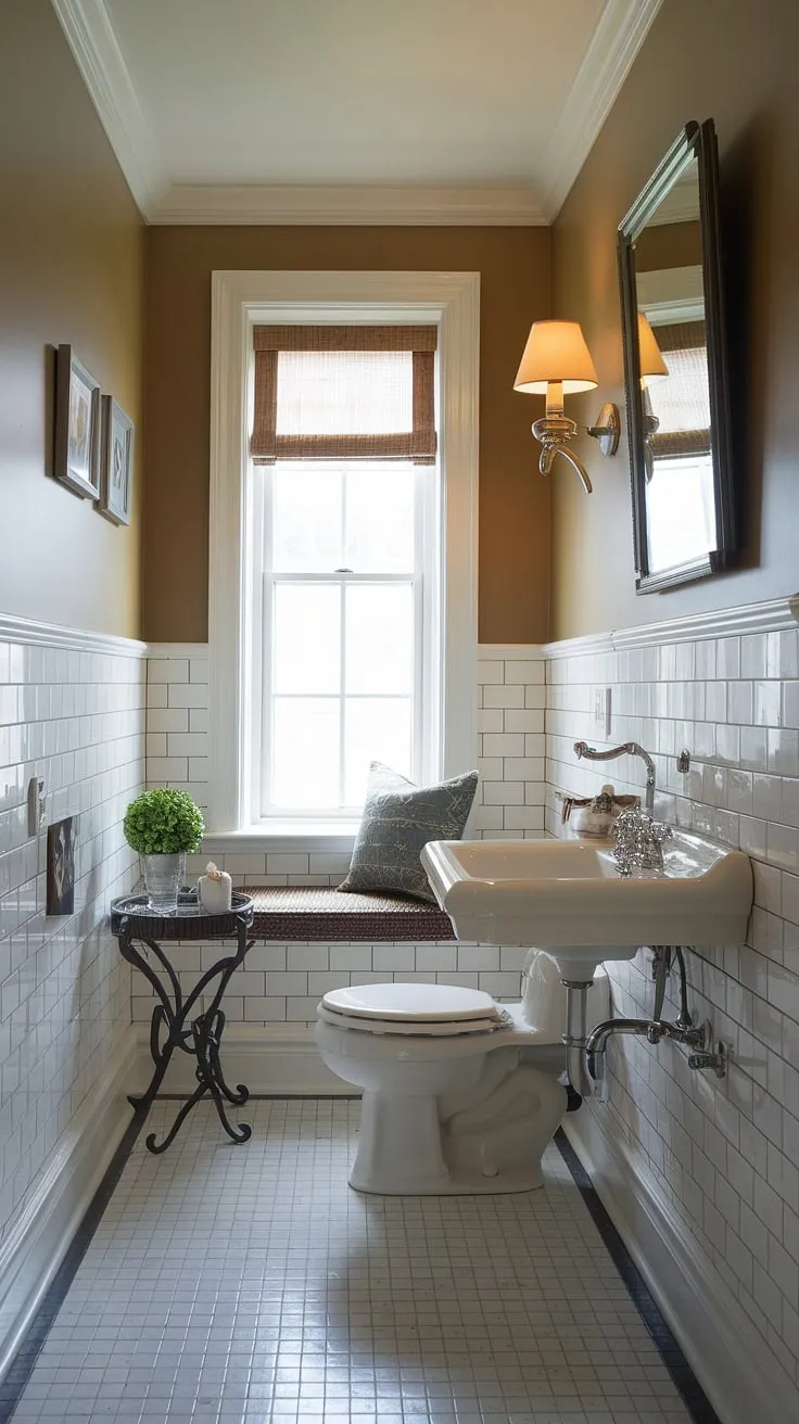 Elegant wainscoting transforms this small powder room into a sophisticated downstairs loo, proving that even small half bathrooms can be stylish.