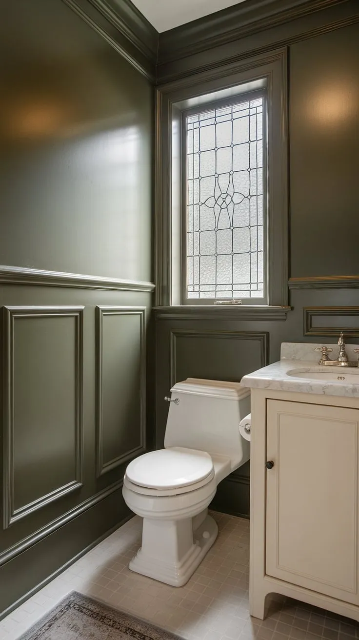 Classic elegance meets efficiency in this charming wainscoting powder room. Perfect for small half bathrooms or a downstairs loo, this space proves that even small toilet rooms can be stylish.