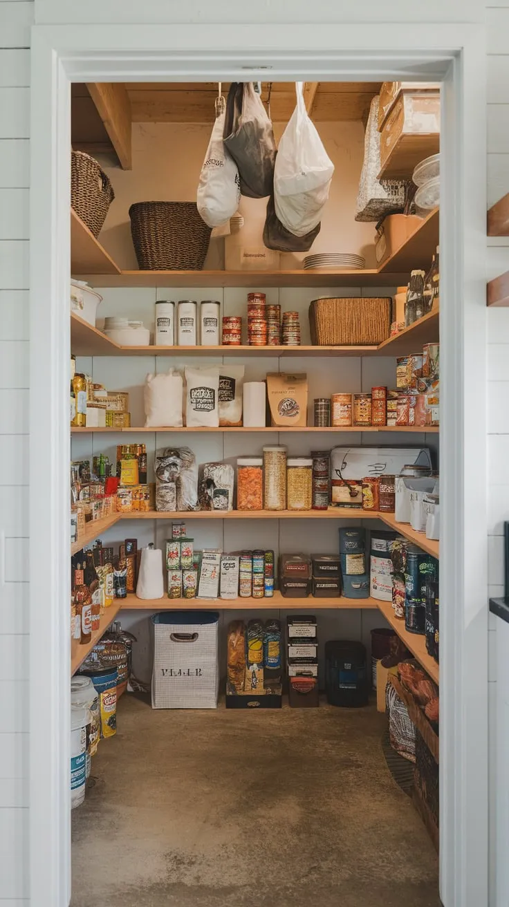 A farmhouse kitchen's organized walk-in pantry boasts ample storage for food, cookware, and supplies, showcasing a blend of rustic charm and efficient functionality