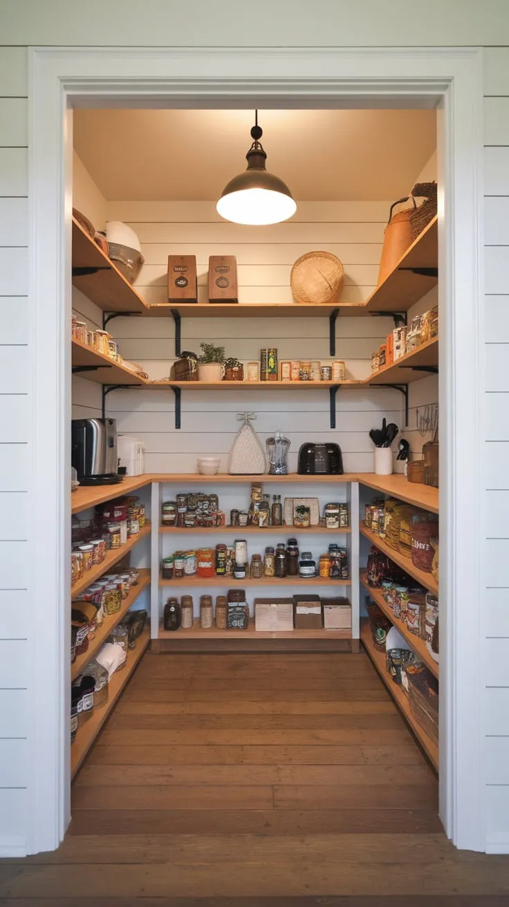 A rustic-chic walk-in pantry boasts open shelving, ample storage, and charming farmhouse style.