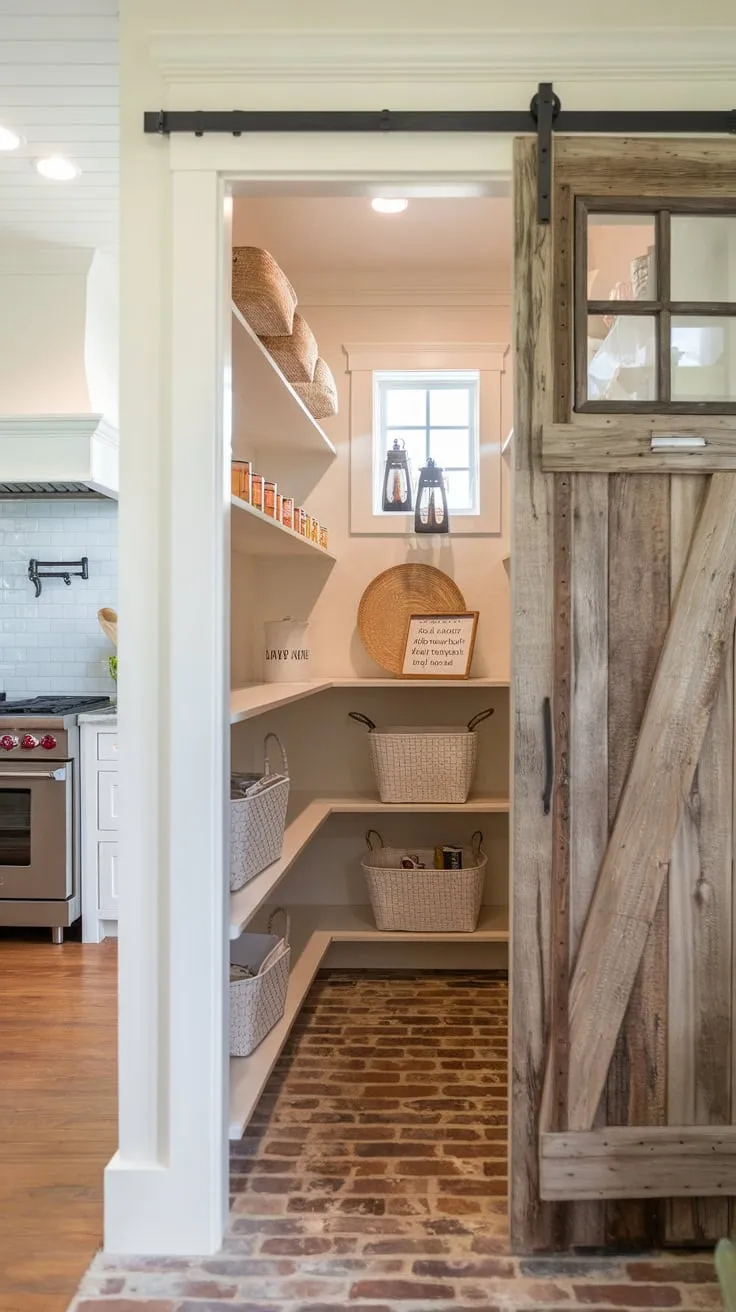 Rustic charm meets practical organization in a bright walk-in pantry featuring open shelves, a brick floor, and a farmhouse aesthetic.