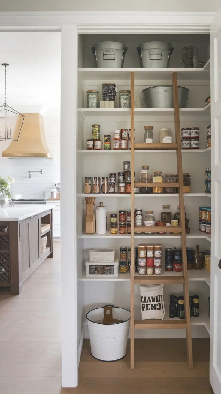 A bright modern farmhouse pantry boasts a charming wooden ladder reaching shelves brimming with organized kitchen essentials