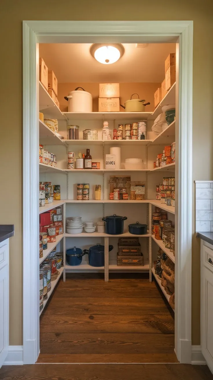Organized food, cookware, and charming farmhouse style combine in a bright walk-in pantry.