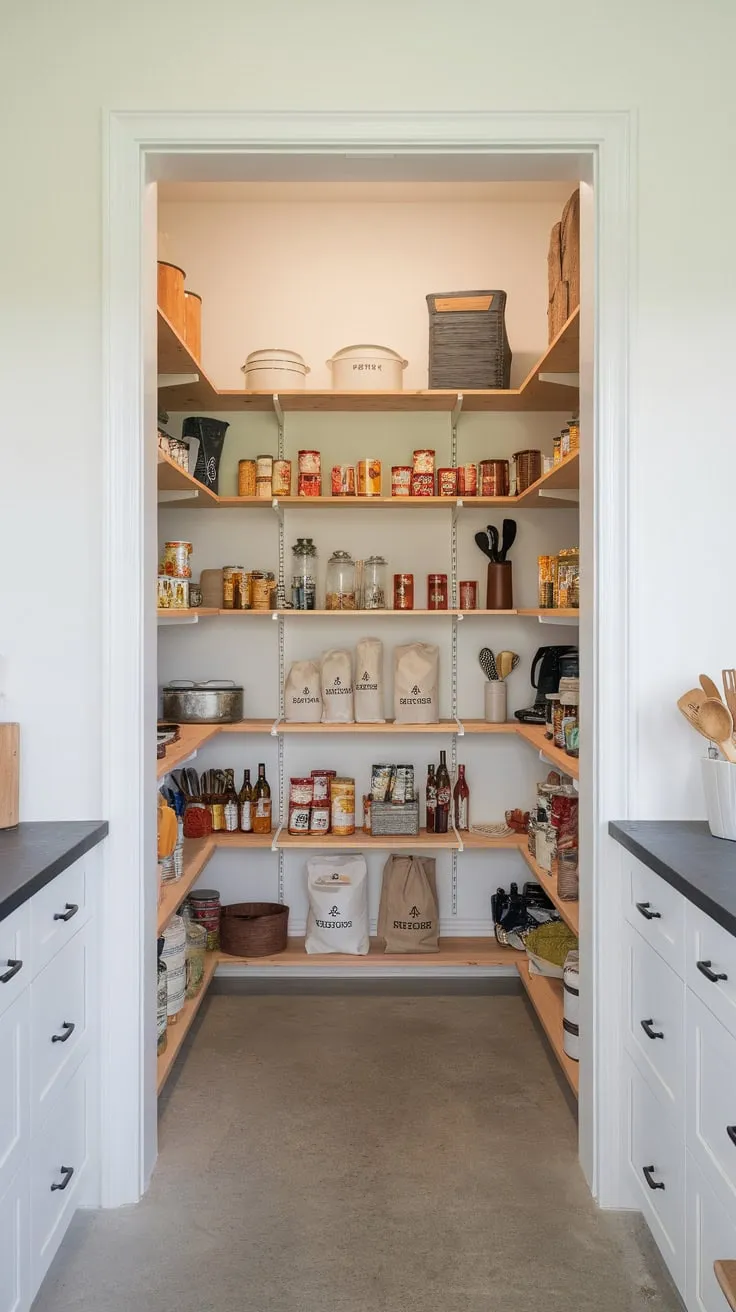 A spacious walk-in pantry, with its white walls and concrete floor, offers ample storage for food and kitchen essentials in a cheerful and well-organized space.