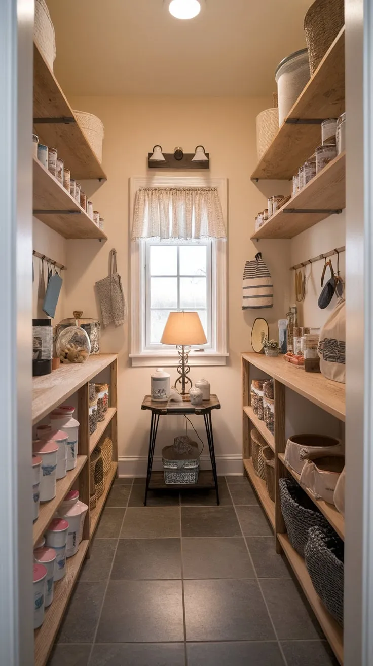 Rustic charm meets practical storage in this inviting walk-in pantry, complete with wooden shelves, tiled floors, and thoughtfully arranged provisions.