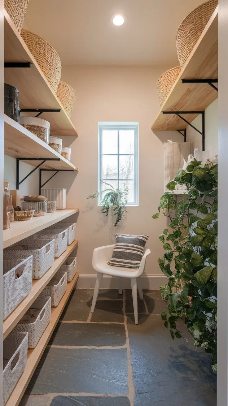 Grey stone floors and a touch of greenery complete the inviting modern farmhouse walk-in pantry.