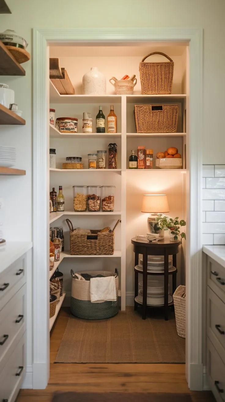 A warm, inviting farmhouse walk-in pantry boasts organized shelves, charming baskets, and a cozy lamp, creating the perfect food storage haven.