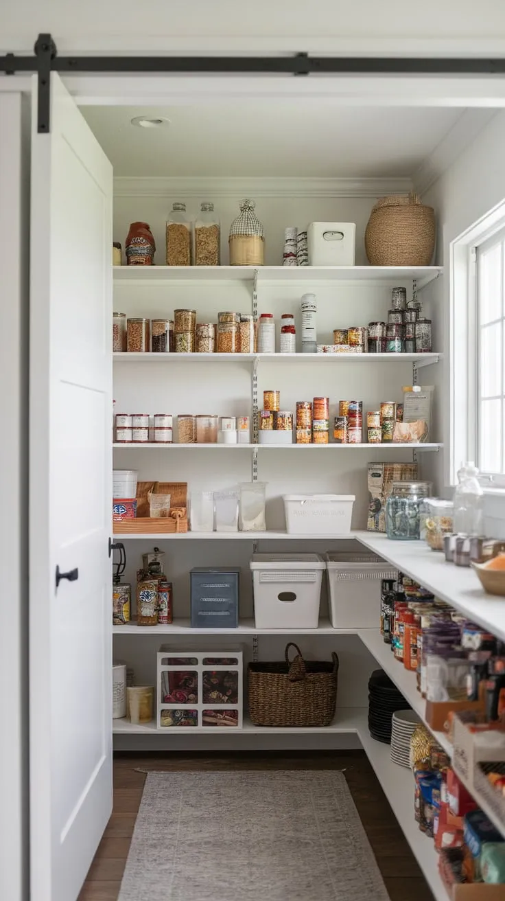 Sunlight streams into a charming white walk-in pantry, showcasing neatly arranged food and storage in a modern farmhouse setting.