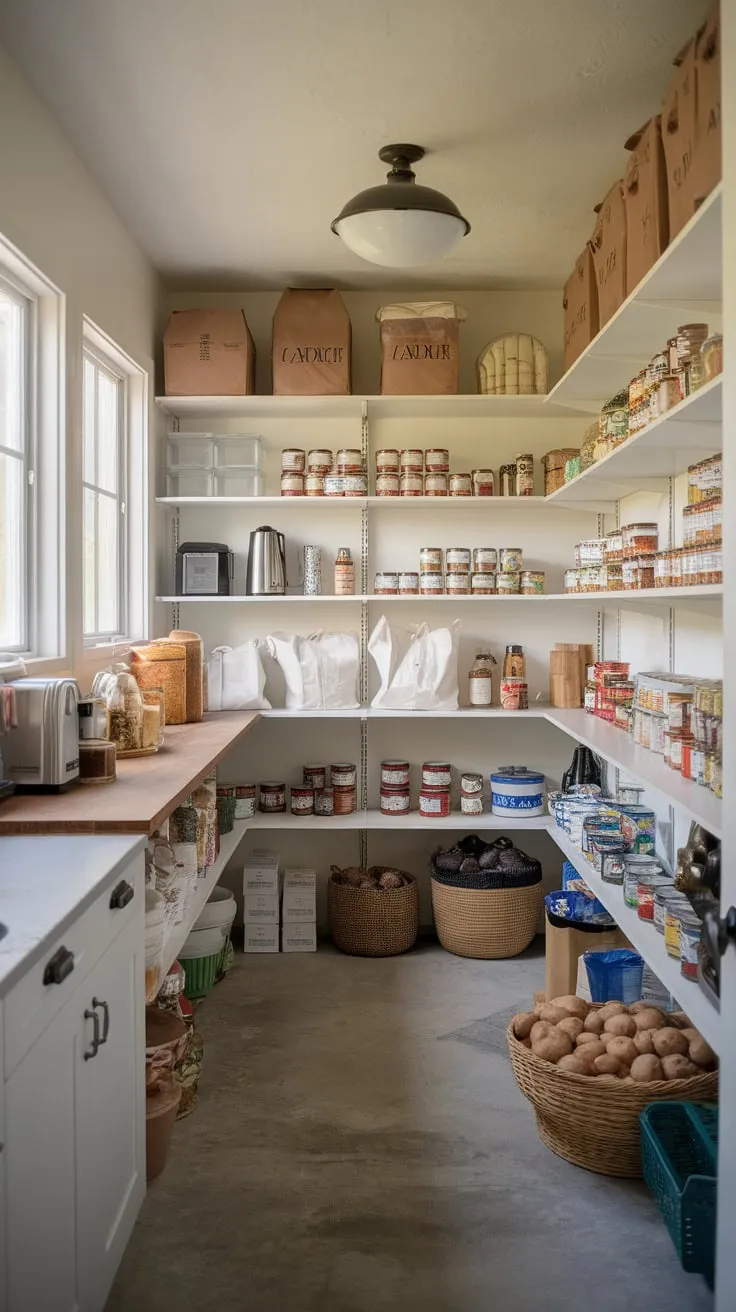Sunlight streams into a charming walk-in pantry showcasing a bounty of preserved foods and kitchen essentials on concrete floors.