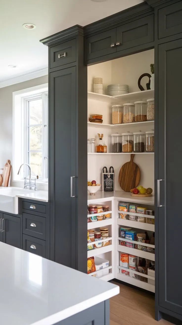 A bright modern walk-in pantry boasts dark grey cabinetry, white countertops, and meticulously organized dry goods, creating a stylish and functional kitchen storage solution