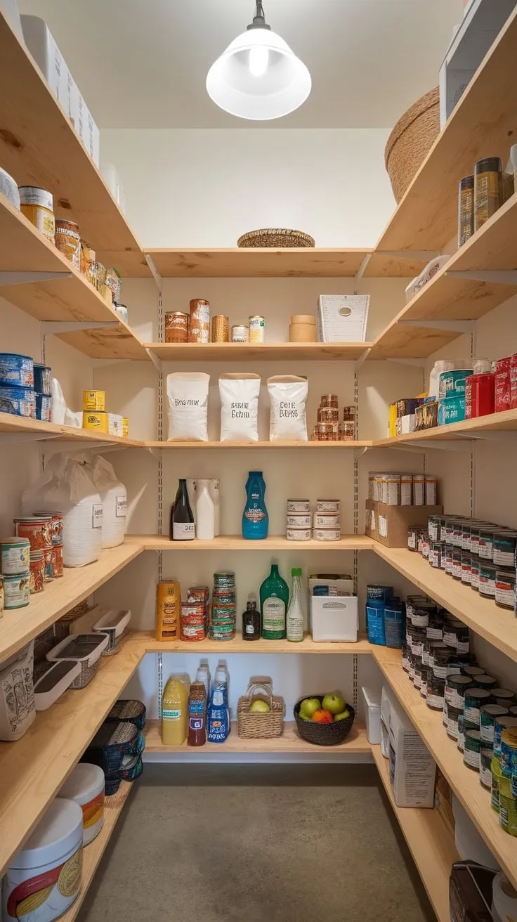 A bright white walk-in pantry boasts organized wooden shelves overflowing with canned goods, baking supplies, and fresh produce.