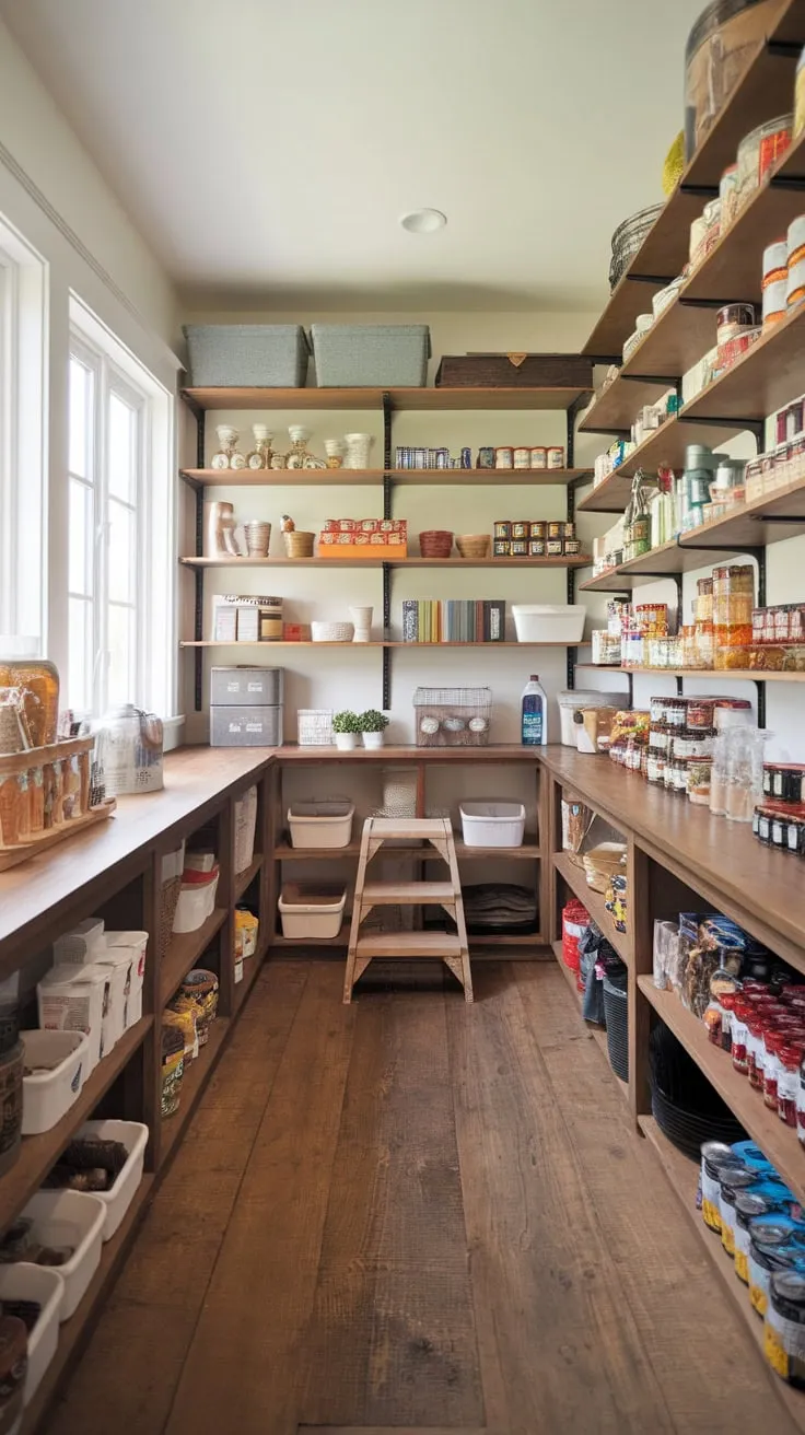 Rustic charm meets practical storage in a bright walk-in pantry featuring wooden shelves, a wooden floor, and ample space for food and supplies.