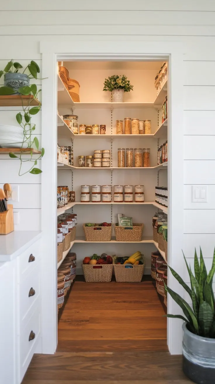 A farmhouse kitchen's walk-in pantry boasts a clean and cozy ambiance with organized shelves, fresh produce, and charming potted plants