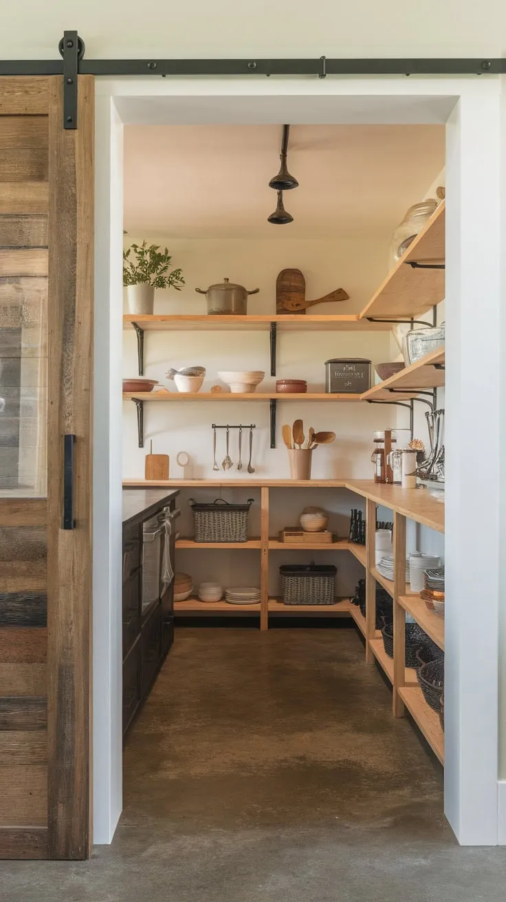 Rustic charm meets modern convenience in this sunlit walk-in pantry showcasing organized food and cooking supplies.