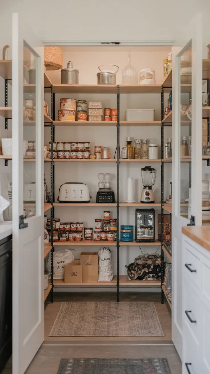 A stylish walk-in pantry elevates this modern farmhouse kitchen, offering ample storage for groceries, small appliances, and more.