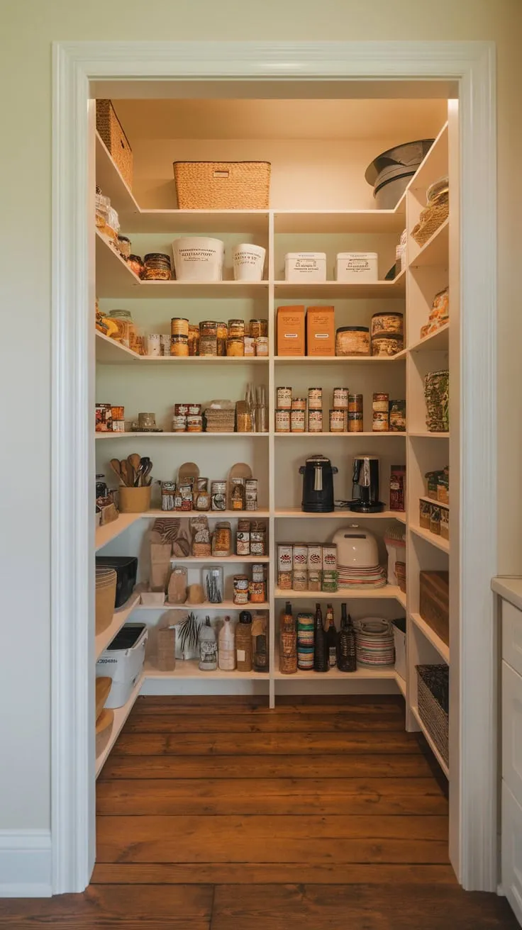 A warm farmhouse walk-in pantry boasts organized shelves overflowing with food, utensils, and appliances on a rustic wooden floor.