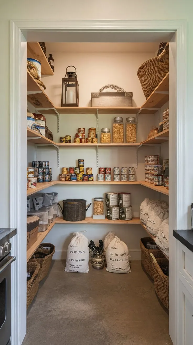 White-walled shelves brimming with canned goods, pasta, and grains create a functional yet aesthetically pleasing walk-in pantry in a farmhouse kitchen.