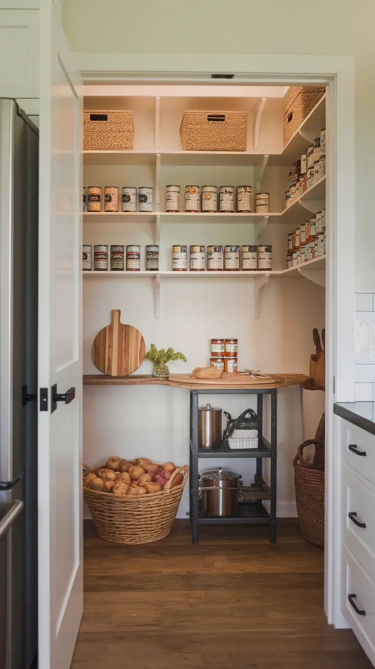 A charming modern farmhouse walk-in pantry boasts ample shelving, a rustic produce basket, and warm wooden floors under soft lighting.
