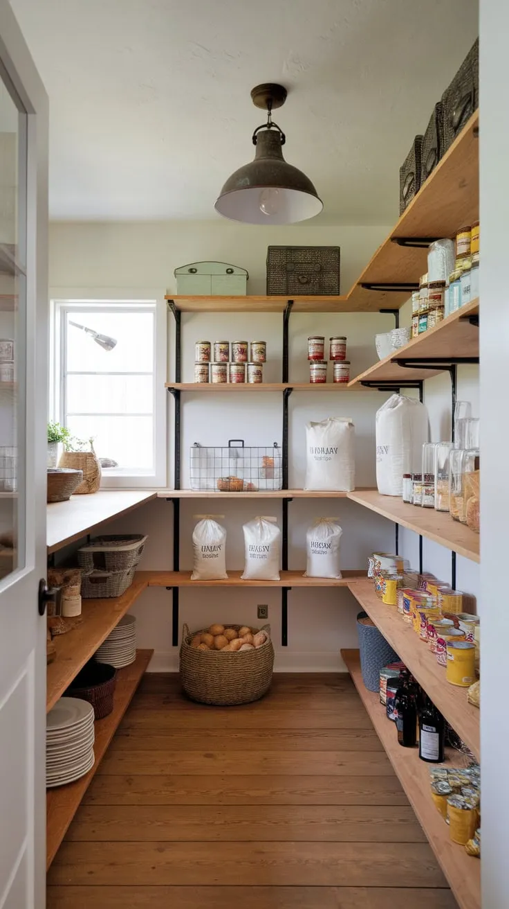 Rustic wooden shelves and warm lighting create a charming and functional modern farmhouse walk-in pantry stocked with essential ingredients.