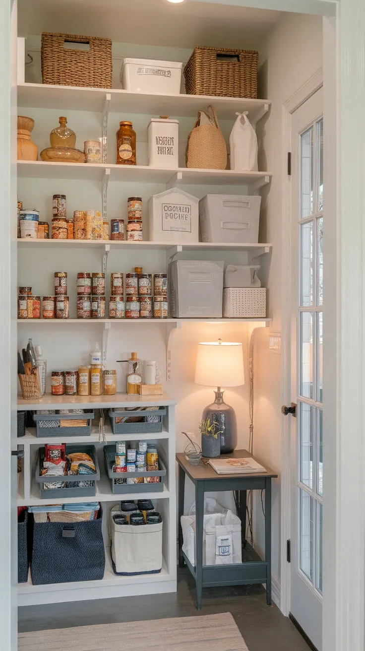 A modern farmhouse kitchen's walk-in pantry boasts ample organized storage, a charming reading nook, and even an exterior door.