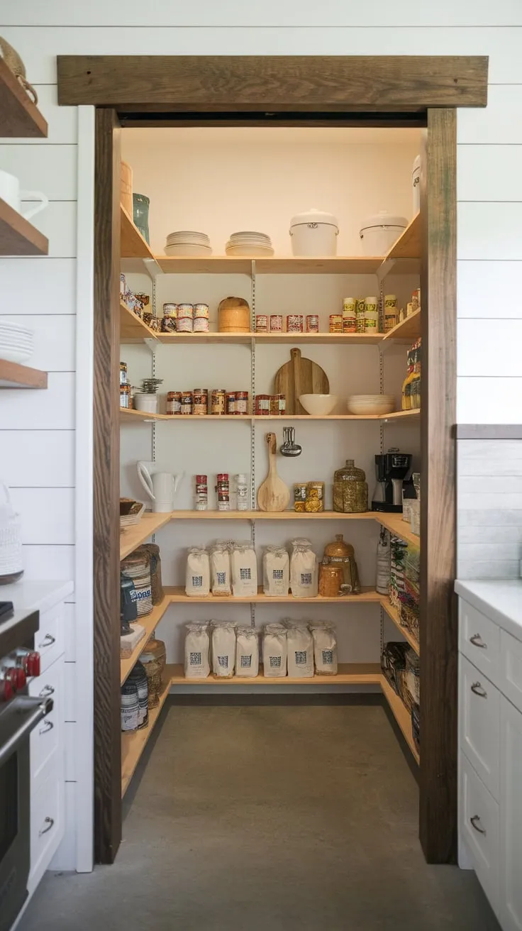 A modern farmhouse kitchen boasts a walk-in pantry showcasing organized food, cookware, and dishware on wooden shelves, seamlessly integrated yet subtly separated by a rustic beam.