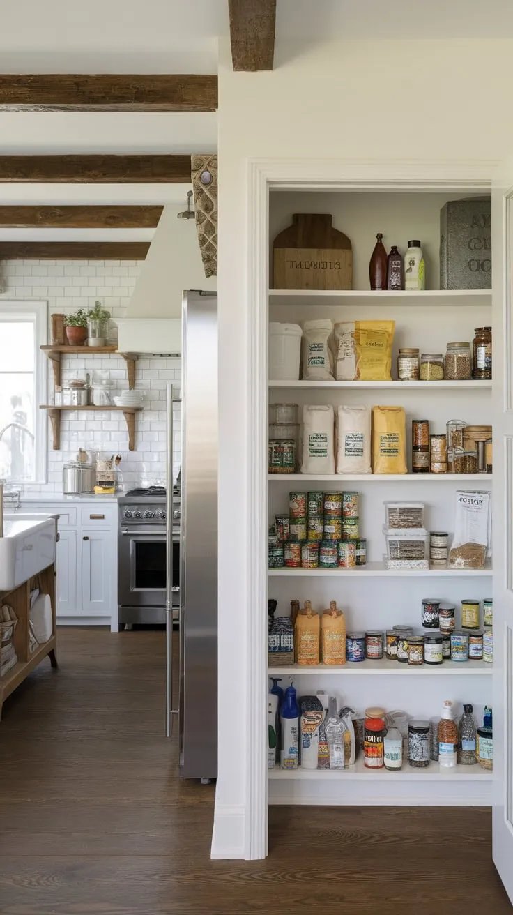 A walk-in pantry perfectly complements a modern farmhouse kitchen, offering ample storage for groceries and household essentials within a charming, rustic setting.