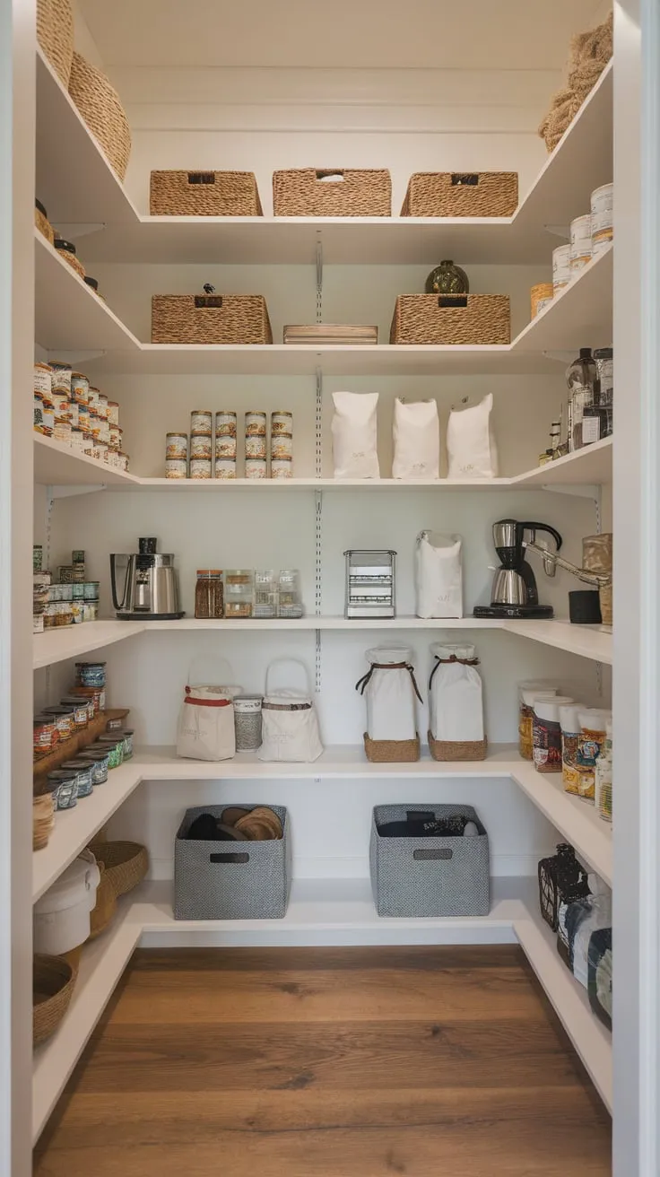 Modern farmhouse style meets efficient organization in this spacious walk-in pantry, brimming with food and small appliances.