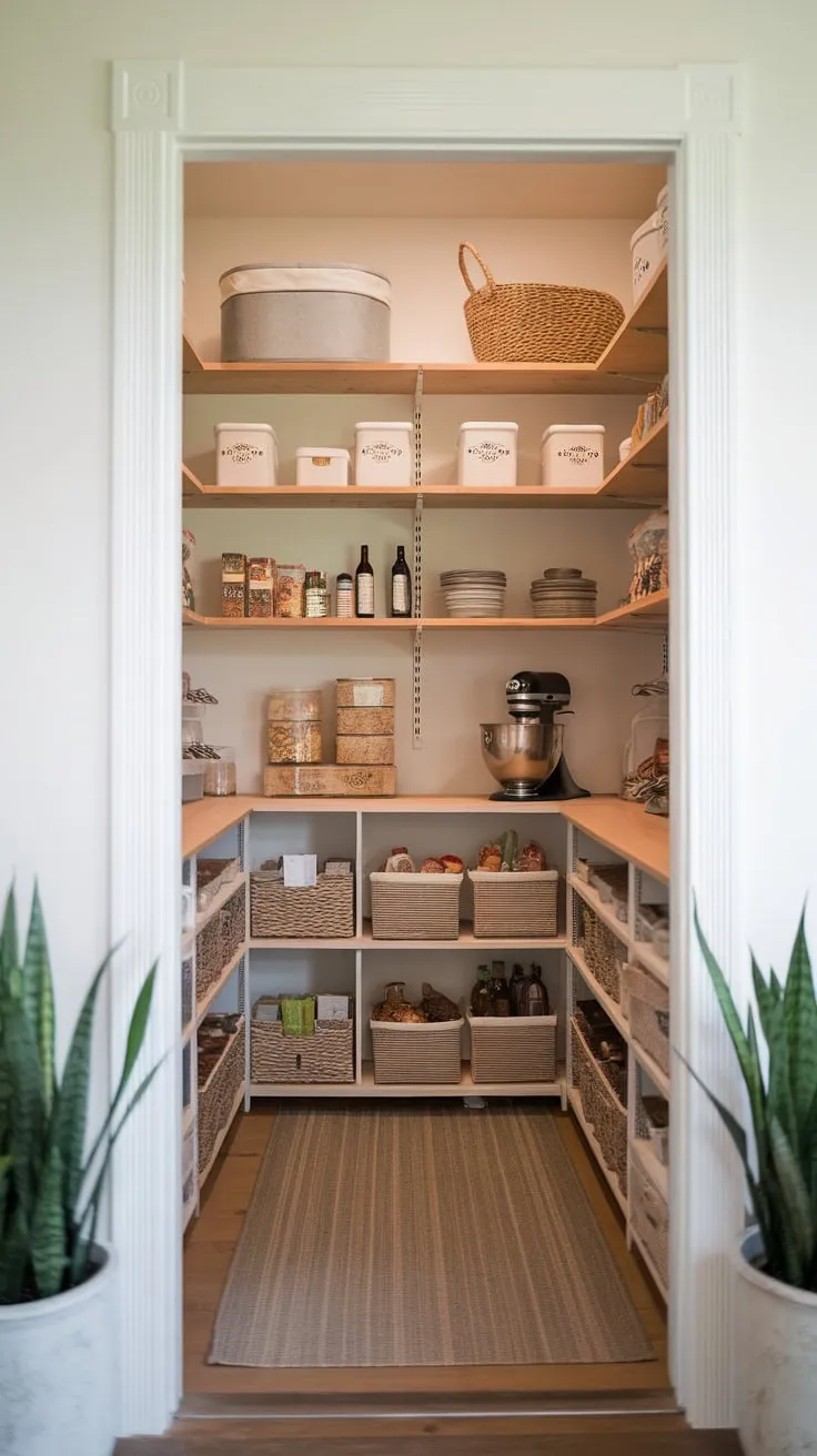 White walls and wood floors highlight the stylish organization of food and appliances in this spacious walk-in pantry.