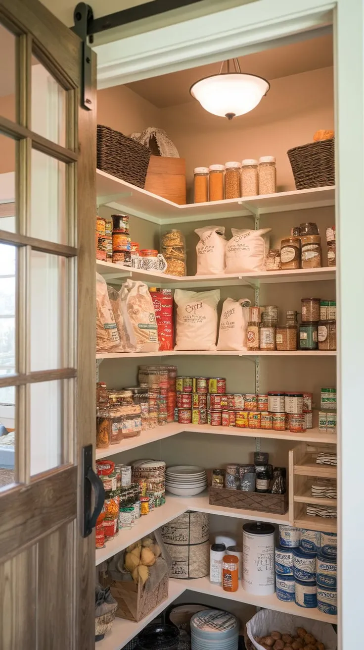 A farmhouse-style walk-in pantry overflows with organized canned goods, grains, spices, and fresh produce, a testament to efficient country living