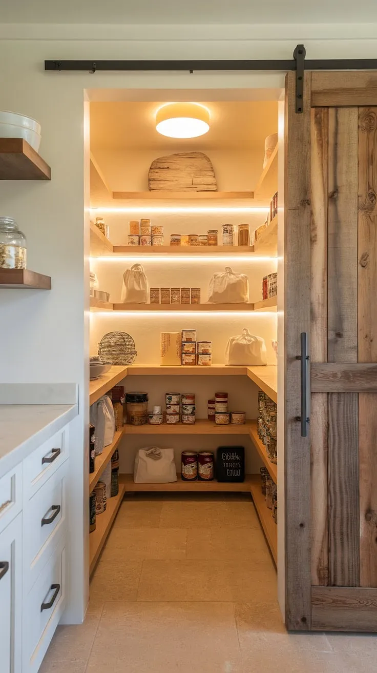 A modern farmhouse kitchen boasts a charming walk-in pantry featuring rustic wood shelving, warm lighting, and neatly stored pantry staples.